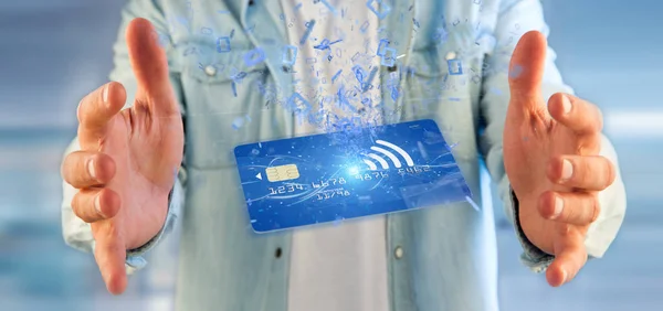 View Man Holding Contactless Credit Card Payment Concept Rendering — Stock Photo, Image