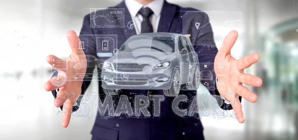 View Man Holding Dashboard Smartcar Interface Dashboard Rendering — Stock Photo, Image