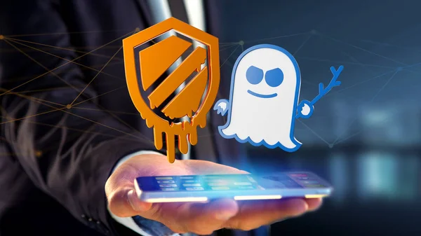 Vista Empresario Usando Smartphone Con Ataque Procesador Meltdown Spectre Con —  Fotos de Stock