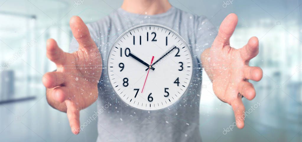 View of a Man holding a clock timer 3d rendering