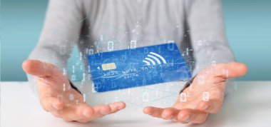 Temassız kredi kartı ödeme kavramı 3d render tutan bir adam görünümü