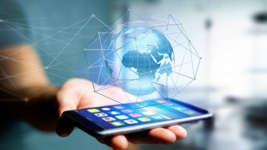 Akıllı telefon kullanan olan bağlı bir ağda bir futuristik bir arayüze - 3d render bir dünya küre kavram üzerinden bir işadamı görünümünü