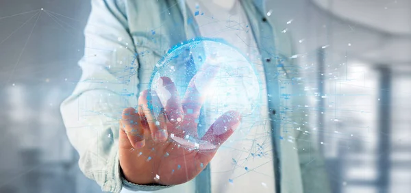 View Man Holding Rendering Data Earth Globe — Stock Photo, Image