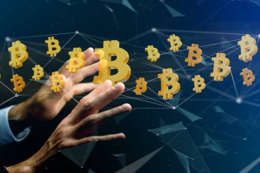 Bir ağ bağlantısı - 3d render uçan bir Bitcoin işareti görünümünü