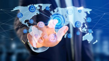 -3d render harita görünümü bir ağ bağlı bir dünya tutan işadamı