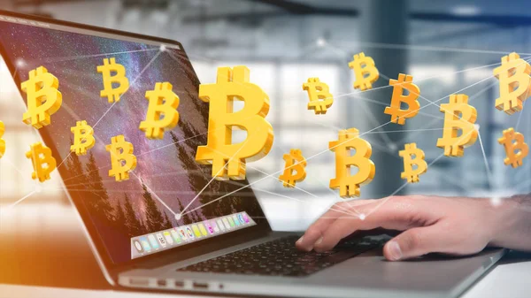 Bir ağ bağlantısı - 3d render uçan bir Bitcoin işareti görünümünü
