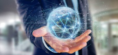 Dünya Dünya çapında bağlantı tutan bir adam görünümü 3d render izole