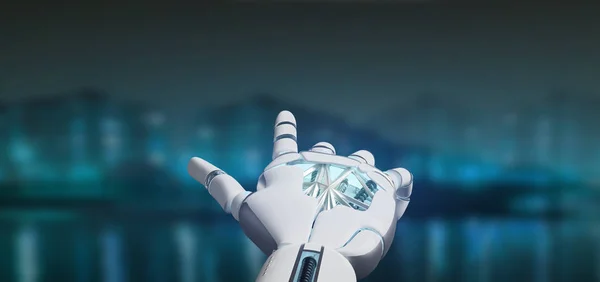 Visa Cyborg Robot Hand Staden Bakgrund Rendering — Stockfoto