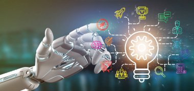 Bir ampul lamba fikir kavramı simge başlatılması ile tutan bir Cyborg el görünümünü 3d işleme bağlı