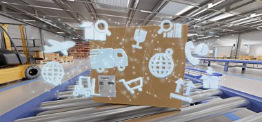 Bir ambar arka plan 3d render üzerinde lojistik bir örgütün görünümü