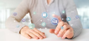 Görünüm simgesi ve bağlantı 3d render ile bir lojistik organizasyon tutan işadamı