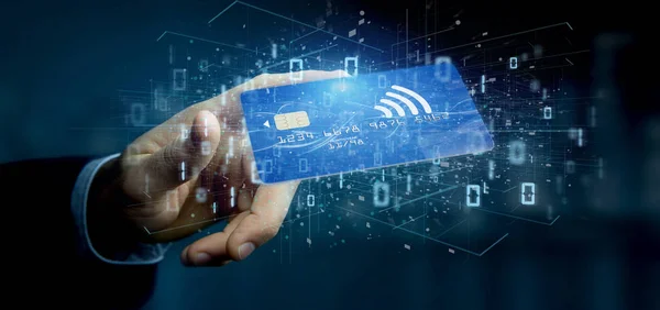 Vista Uomo Possesso Concetto Pagamento Con Carta Credito Contactless Rendering — Foto Stock