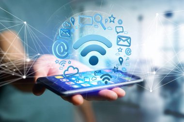 Multimedya ve internet uygulama logo - 3d render çevrili bir wifi sembol bağlantı görünümü