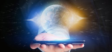 Parçacıklar dünya küre işleme 3d tutan bir adam görünümü 