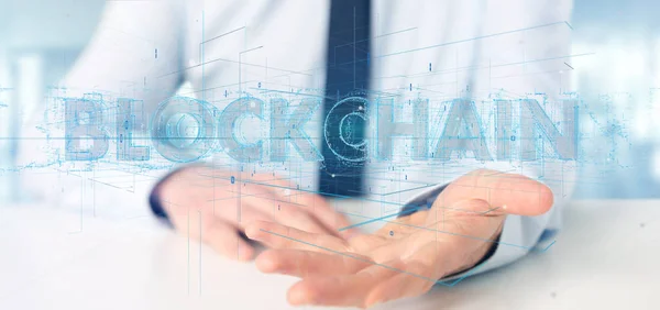 View Businessman Holding Blockchain Title Isolated Background — Stock Photo, Image