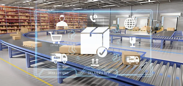 Bir ambar arka planda 3d render lojistik teslimat hizmeti uygulamasının görünümü