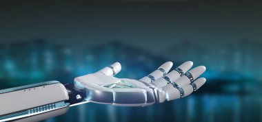 Bir Cyborg robot el görünümünü bir şehir arka planda 3d render