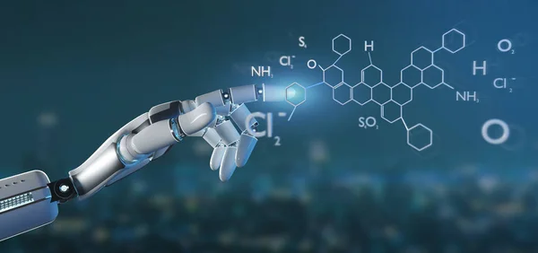 Vista Uma Mão Ciborgue Segurando Uma Estrutura Molecular Renderização — Fotografia de Stock