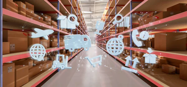 Bir ambar arka plan 3d render üzerinde lojistik bir örgütün görünümü