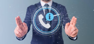 Bir müşteri ve yardım hattı hizmet düğmesini 3d render tutan bir işadamı görünümünü