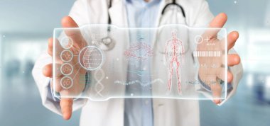 Fütüristik bir şablon tutan bir doktor görünümünü hud arabirimi
