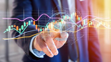 Bir 3d tutan bir işadamı görünümünü render veri bilgi görüntülenmesini futuristik bir arayüze Ticaret Borsası