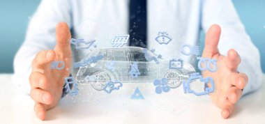 Smartcar simgesi bir otomobil 3d render etrafında tutan bir adam görünümü