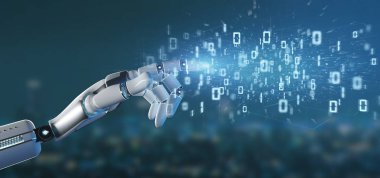 Bir veri ikili bulut 3d render tutan bir Cyborg el görünümünü 