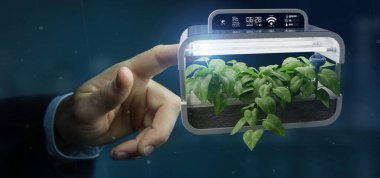 Bağlı bir dijital bitkisel bitki tutan bir Businesmann görünümünü 