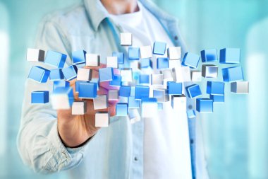 Bir futuristik bir arayüze mavi ve beyaz küp oluşturma 3D Görünüm