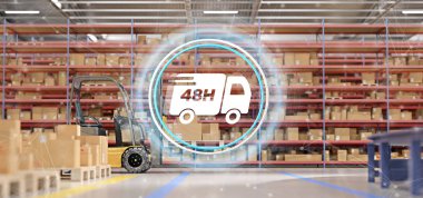 Bir ambar arka plan 3d render hızlı teslim sistemi kavramının görünüm