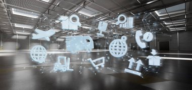 Bir ambar arka plan 3d render üzerinde lojistik bir örgütün görünümü