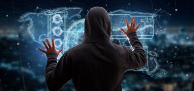 Bir Hacker bir teknoloji arabirimi 3d render tutan adam görünümünü