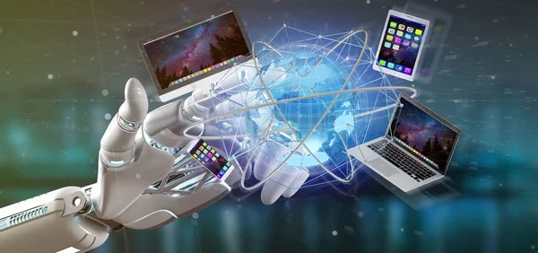 View of a Cyborg hand holding a Computer and devices displayed on a futuristic interface with international network  - 3d rendering