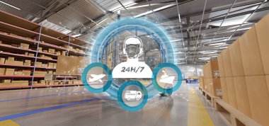 Bir ambar arka plan 3d render bir müşteri hizmeti kavramının görünüm