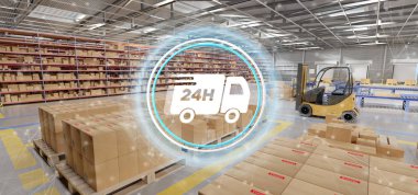 Bir ambar arka plan 3d render hızlı teslim sistemi kavramının görünüm