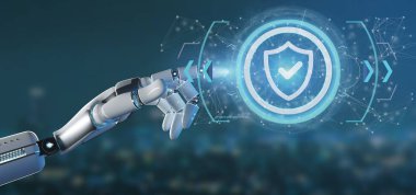 Bir teknoloji güvenlik simgesi üzerinde bir daire 3d render tutan bir Cyborg el görünümünü