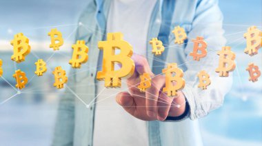 Bir ağ bağlantısı - 3d render uçan bir Bitcoin işareti görünümünü