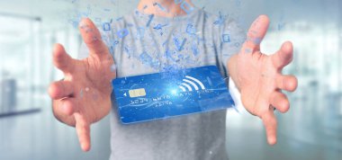 Temassız kredi kartı ödeme kavramı 3d render tutan bir adam görünümü