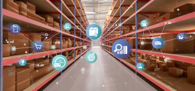 Bir ambar arka plan 3d render üzerinde lojistik bir örgütün görünümü