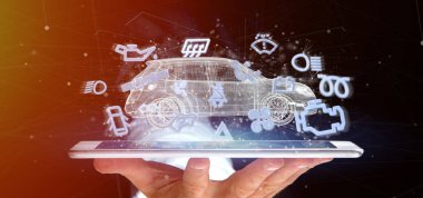 Smartcar simgesi bir otomobil 3d render etrafında tutan bir adam görünümü