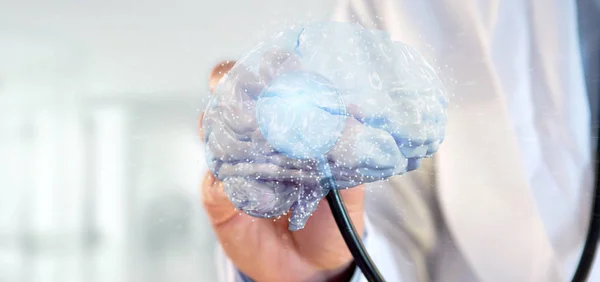 Προβολή Ενός Γιατρού Κρατώντας Ένα Rendering Τεχνητού Εγκεφάλου — Φωτογραφία Αρχείου