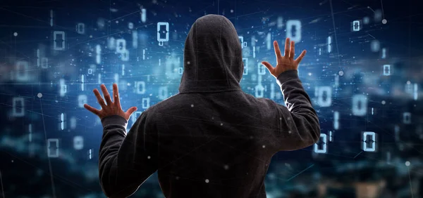 View of a Hacker Man holding Data binary cloud 3d rendering