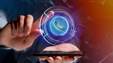 Onun smartphone - 3d render bir parlak teknolojik telefon düğmesini kullanarak bir işadamı görünümünü
