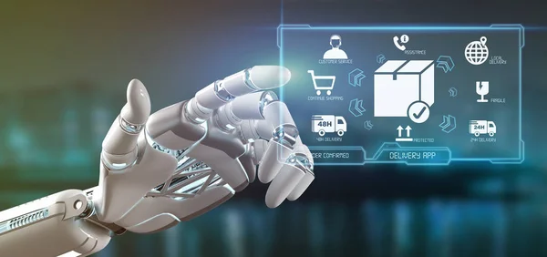 View Cyborg Hand Holding Logistic Delivery Application Screen Rendering — Stock Photo, Image