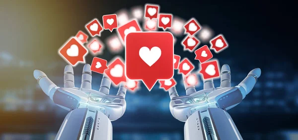 View of a Cyborg hand holding a Like notification on a social media 3d rendering