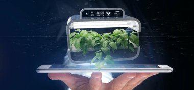 Bağlı bir dijital bitkisel bitki tutan bir Businesmann görünümünü 