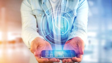 Onun smartphone - 3d render bir parlak teknolojik telefon düğmesini kullanarak bir işadamı görünümünü