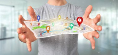 Pim tutucu bir harita üzerinde render 3d tutan bir adam görünümü