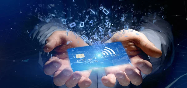 View Man Holding Contactless Credit Card Payment Concept Rendering — Stock Photo, Image